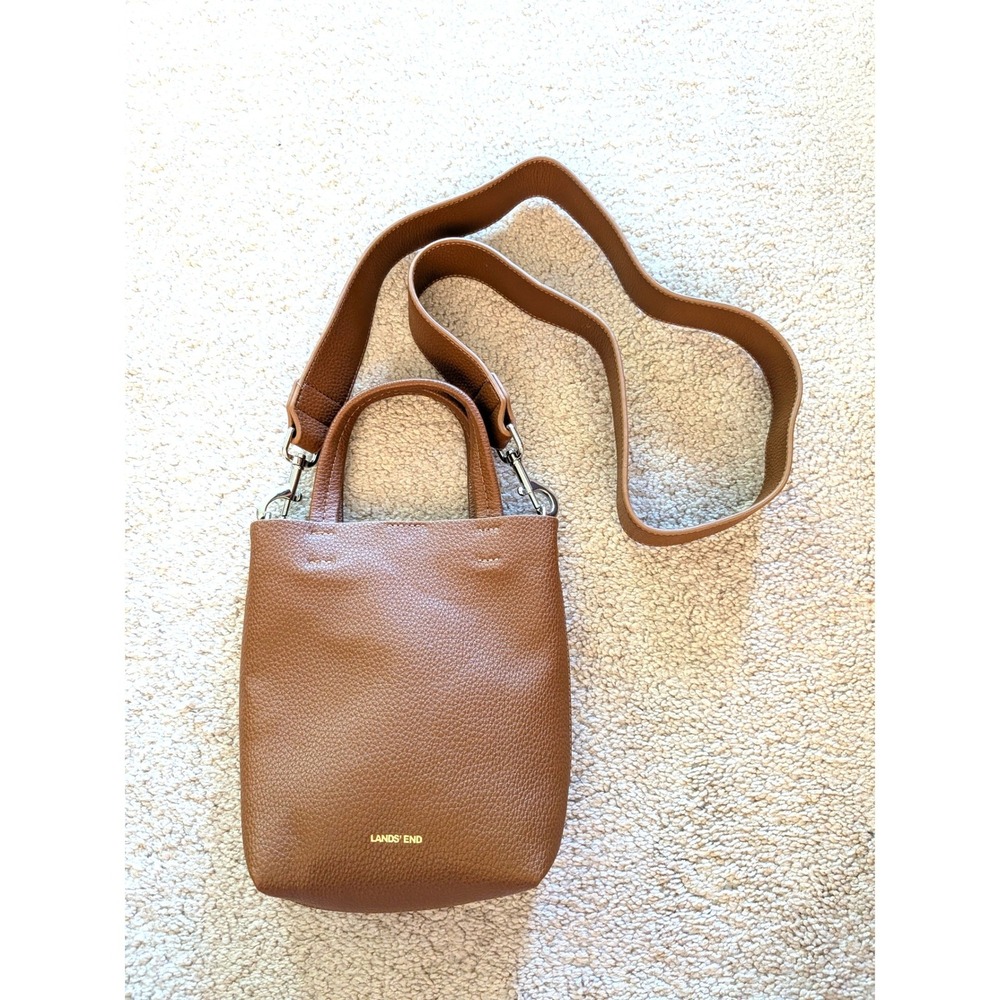 Lands' End Cognac Brown Pebbled Synthetic Leather Crossbody Tote Bag